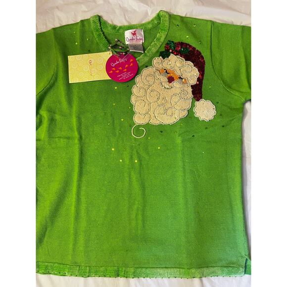 Quacker Factory Green Christmas V-Neck Sweater - Sequin Santa Claus - 1X - NEW - Picture 3 of 16